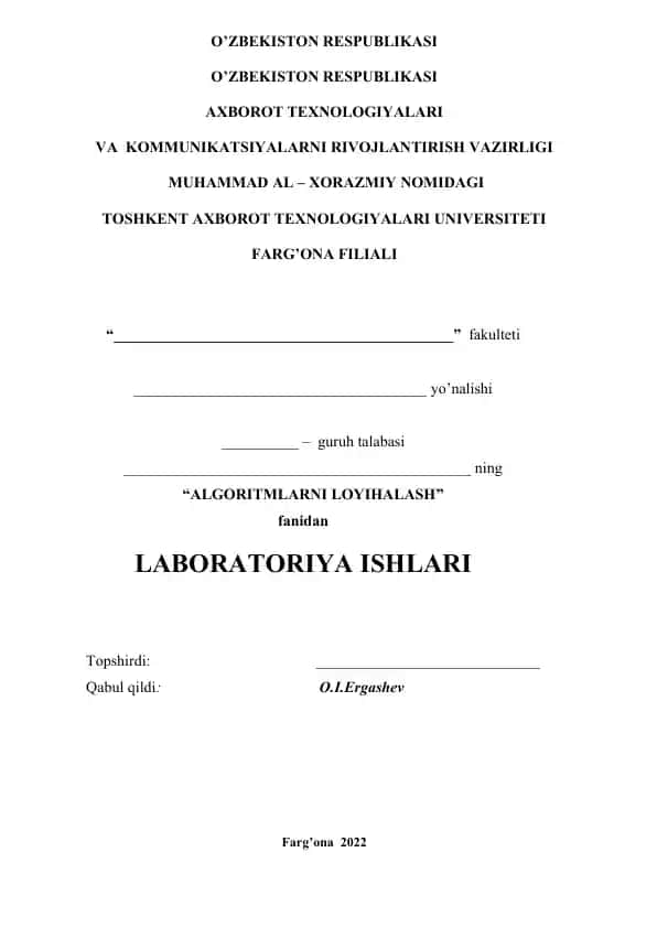 Laboratoriya ishi - Algoritmlarni loyihalash faniga kirish
