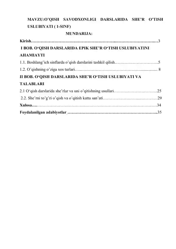 O’qish savodxonligi darslarida she’r o’tish uslubiyati (1-sinf)