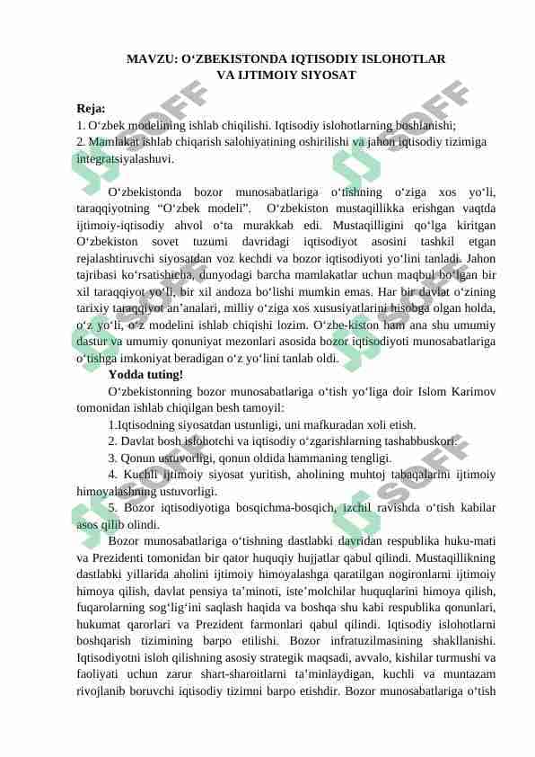 O‘ZBEKISTONDA IQTISODIY ISLOHOTLAR VA IJTIMOIY SIYOSAT