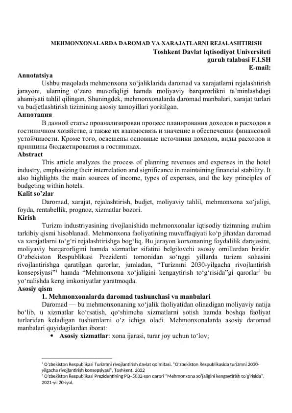 MEHMONXONALARDA DAROMAD VA XARAJATLARNI REJALASHTIRISH