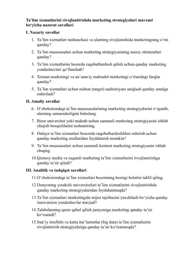 Ta’lim xizmatlarini rivojlantirishda marketing strategiyalari mavzusi