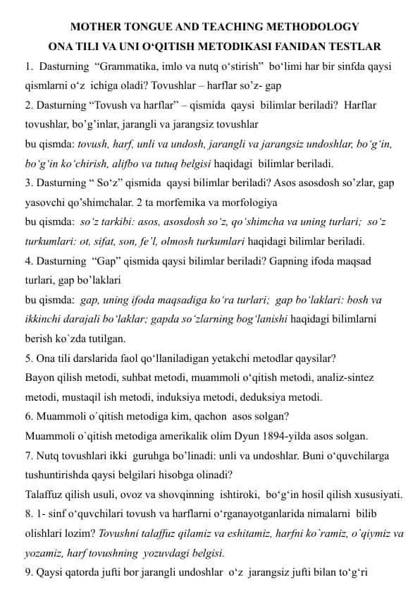 ONA TILI VA UNI O‘QITISH METODIKASI FANIDAN TESTLAR