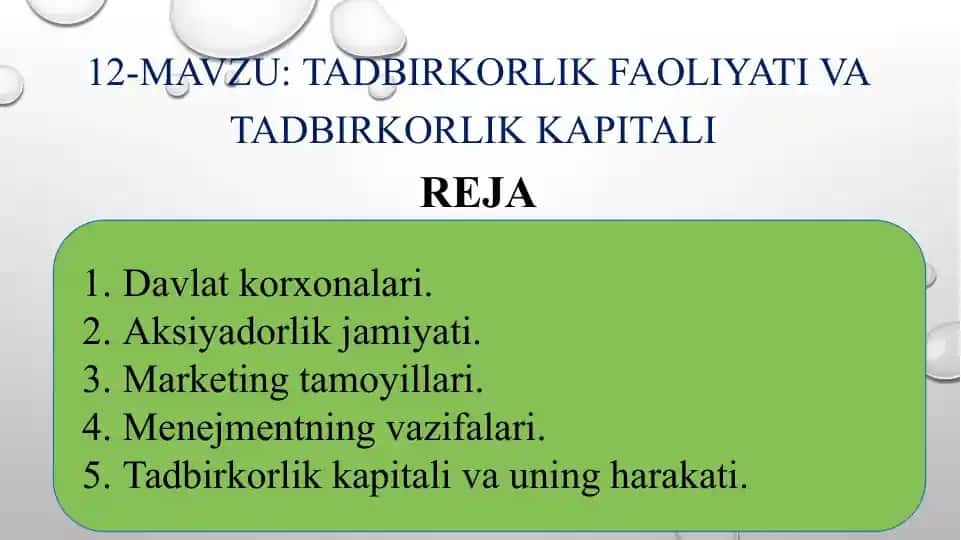 Tadbirkorlikfaoliyati VA TADBIRKORLIK KAPITALI