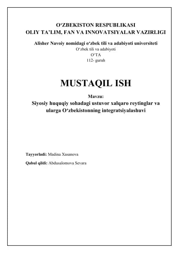 Siyosiy huquqiy sohadagi ustuvor xalqaro reytinglar va ularga Oʻzbekistonning integratsiyalashuvi