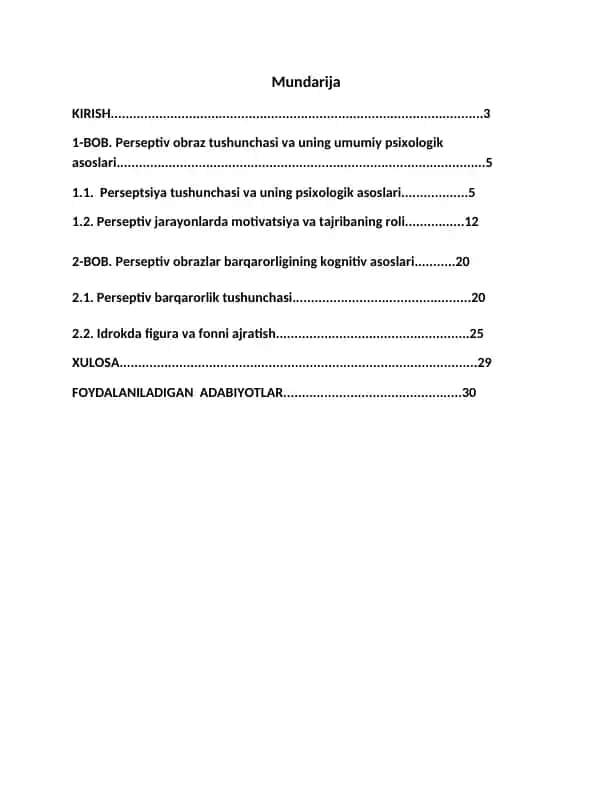 Perseptiv obraz tushunchasi va uning umumiy psixologik asoslari