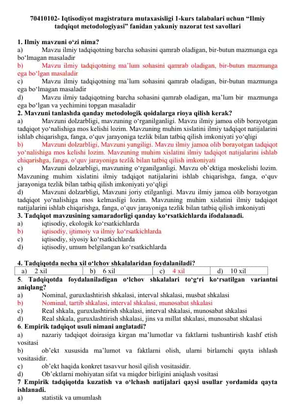 Ilmiy tadqiqot metodologiyasi fanidan yakuniy nazorat test savollari