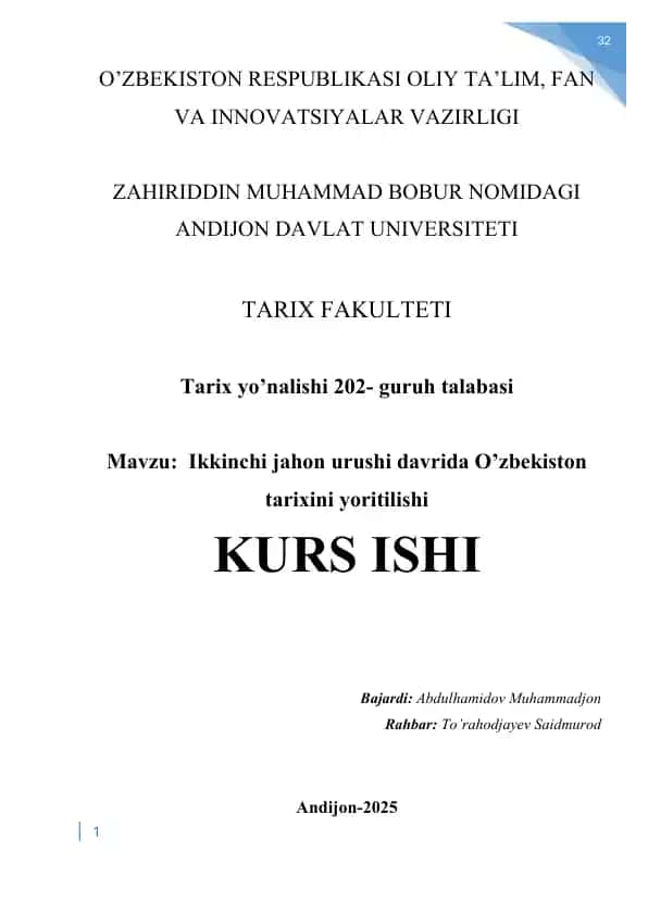 Ikkinchi jahon urushi davrida O’zbekiston tarixini yoritilishi