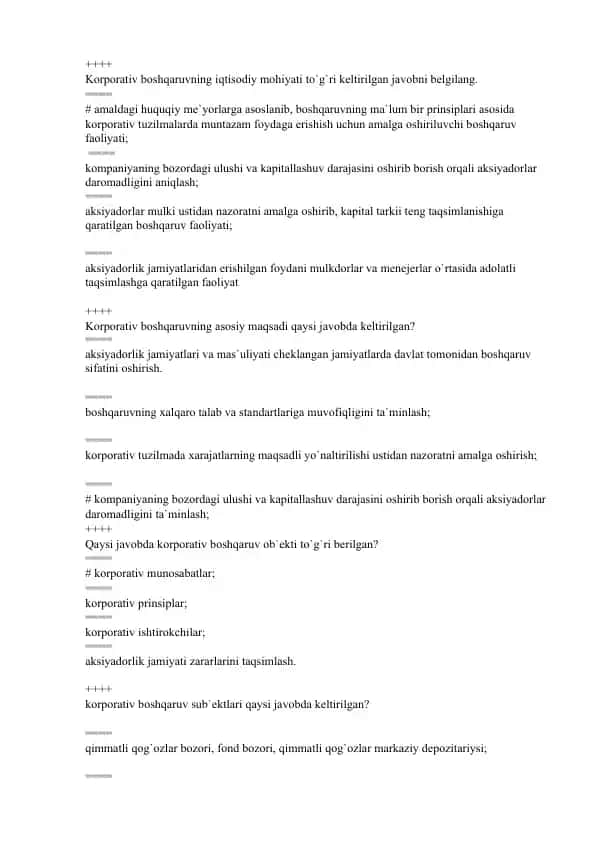 Korporativ boshqaruv haqida test savollari to‘plami