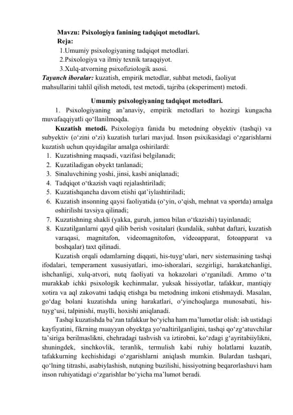 Psixologiya fanining tadqiqot metodlari