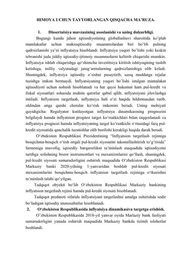 Inflyatsiya va uning iqtisodiy oqibatlari