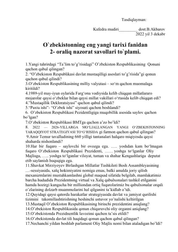 O'zbekistonning eng yangi tarixi fanidan 2-oraliq nazorat savollari to`plami