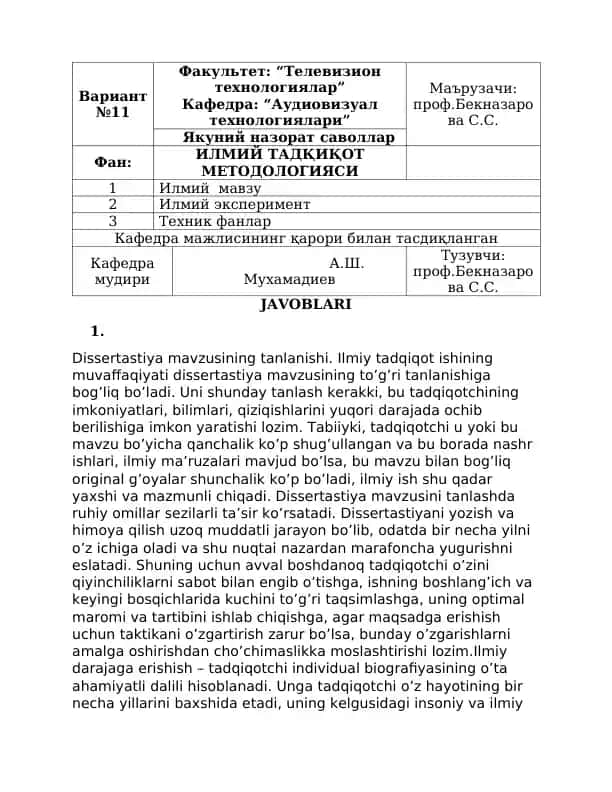 Dissertatsiya mavzusining tanlanishi
