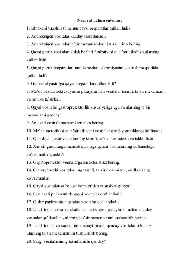 Anoreksigen vositalar haqida savollar