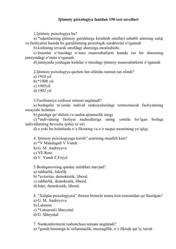 Ijtimoiy psixologiya fanidan 150 test savollari