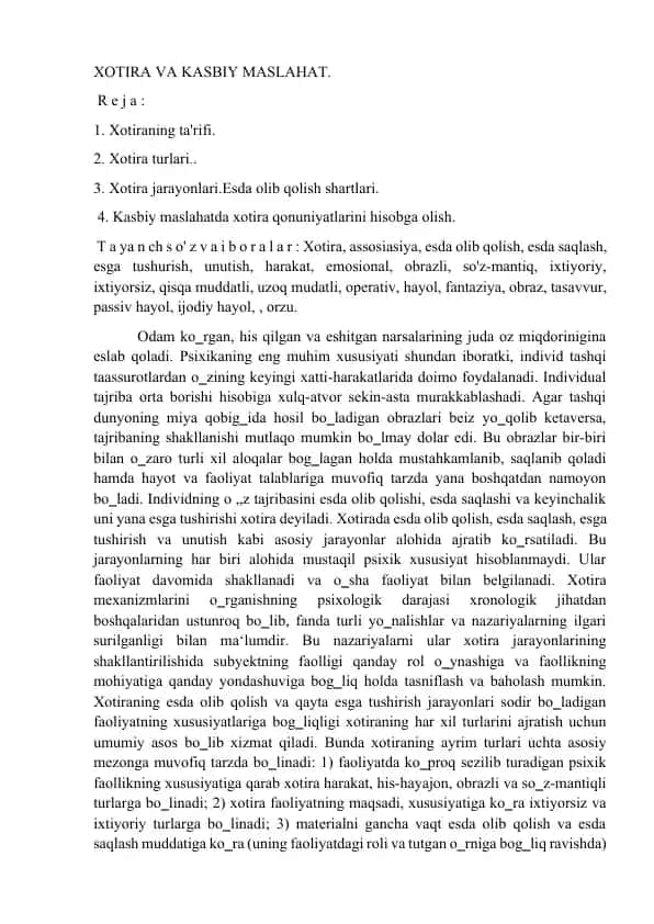 Xotira va Kasbiy Maslahat