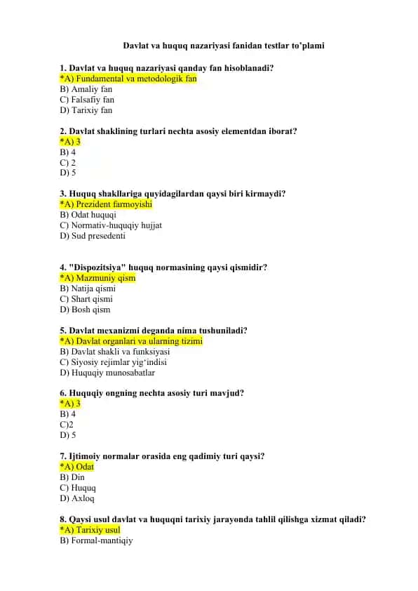 Davlat va Huquq Nazariyasi Fanidan Testlar To'plami