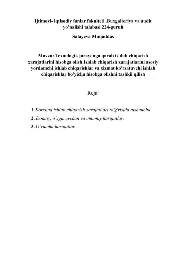 Ishlab chiqarish xarajatlari hisoblanishi