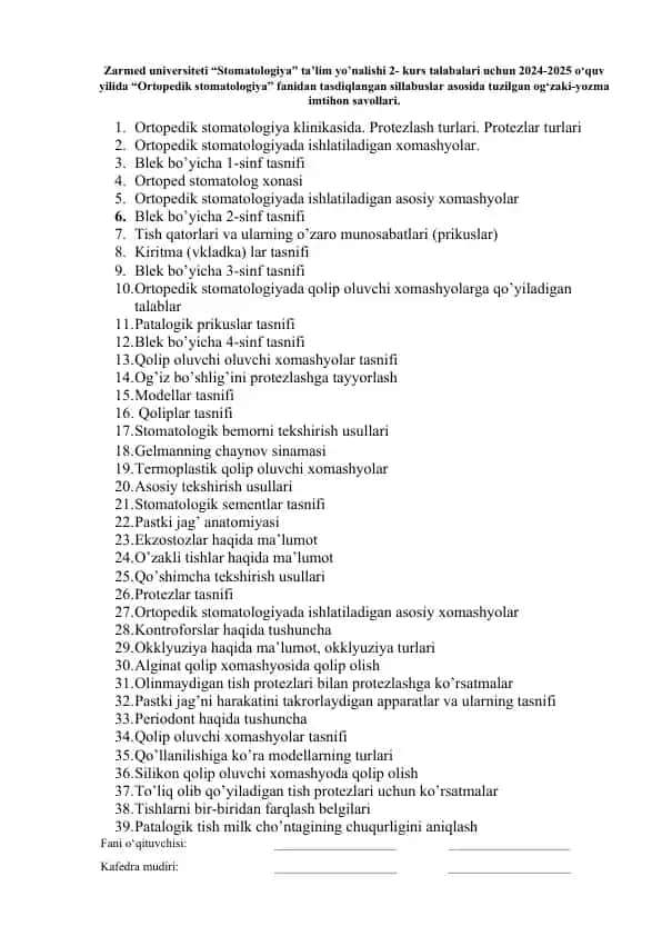 "Ortopedik stomatologiya imtihon savollari"