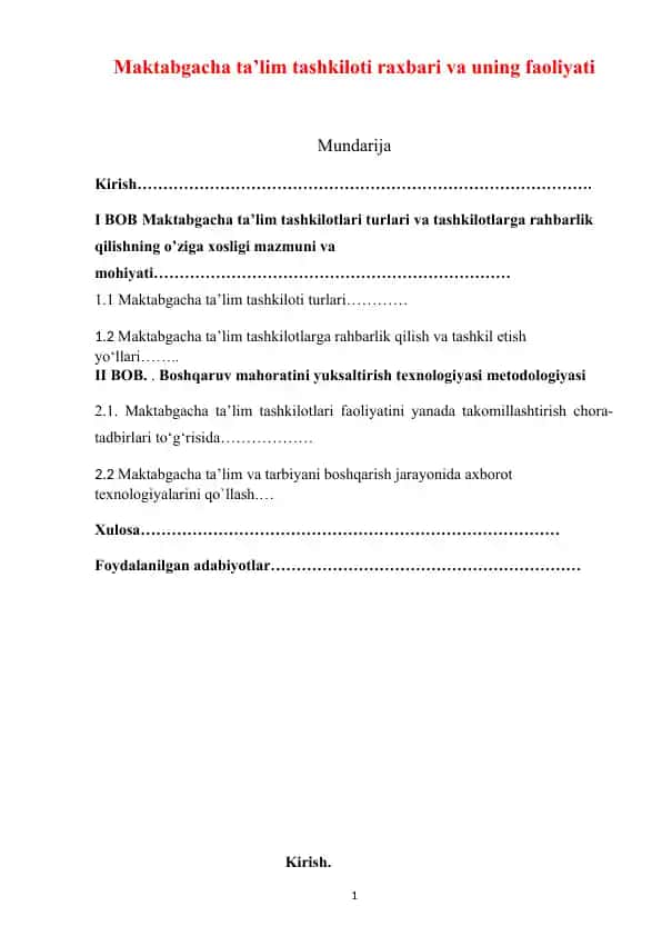 Maktabgacha ta’lim tashkiloti raxbari va uning faoliyati