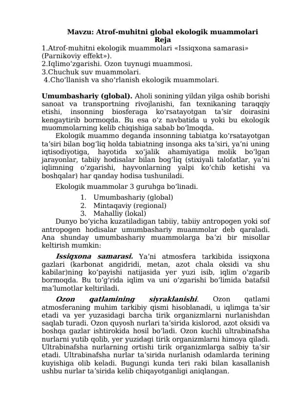 Atrof-muhitni global ekologik muammolari
