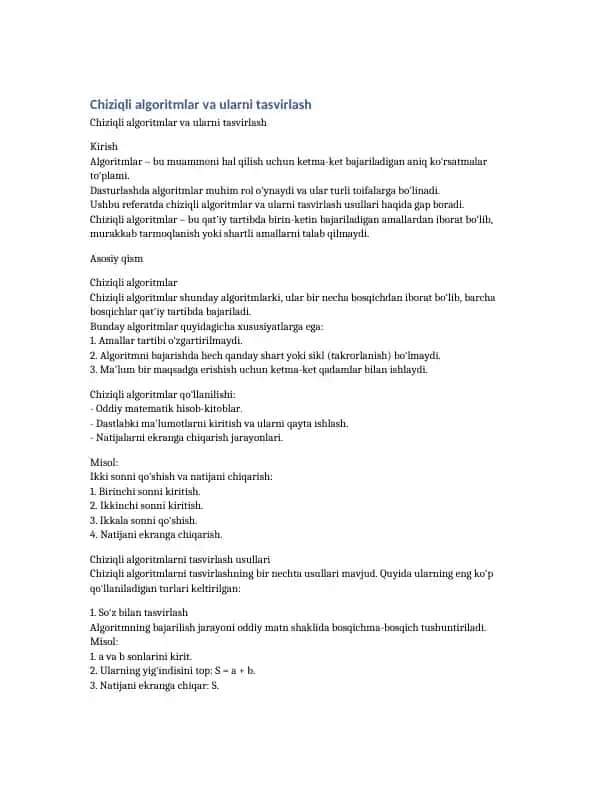 Chiziqli algoritmlar va ularni tasvirlash