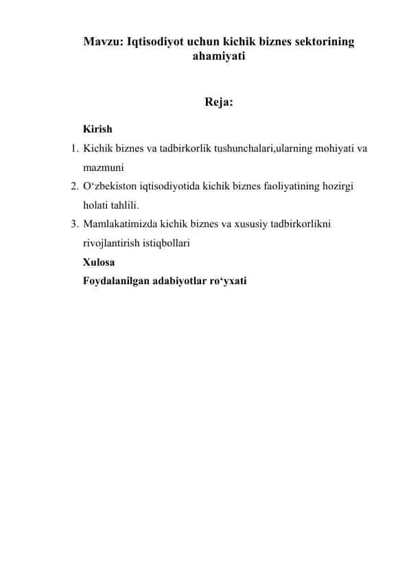 Kichik biznes sektorining ahamiyati