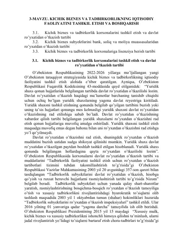 Kichik biznes va tadbirkorlik faoliyatini tashkil etish