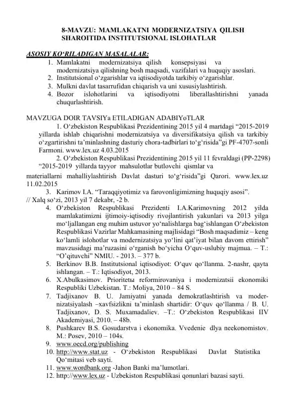 Mamlakatni modernizatsiya qilish sharoitida institutsional islohatlar