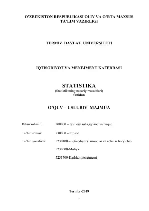Statistika fanidan o‘quv-uslubiy majmua