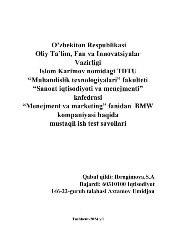 BMW kompaniyasi haqida mustaqil ish test savollari
