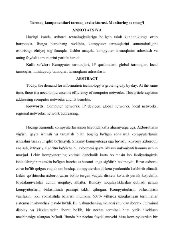 Tarmoq kompanentlari tarmoq arxitekturasi