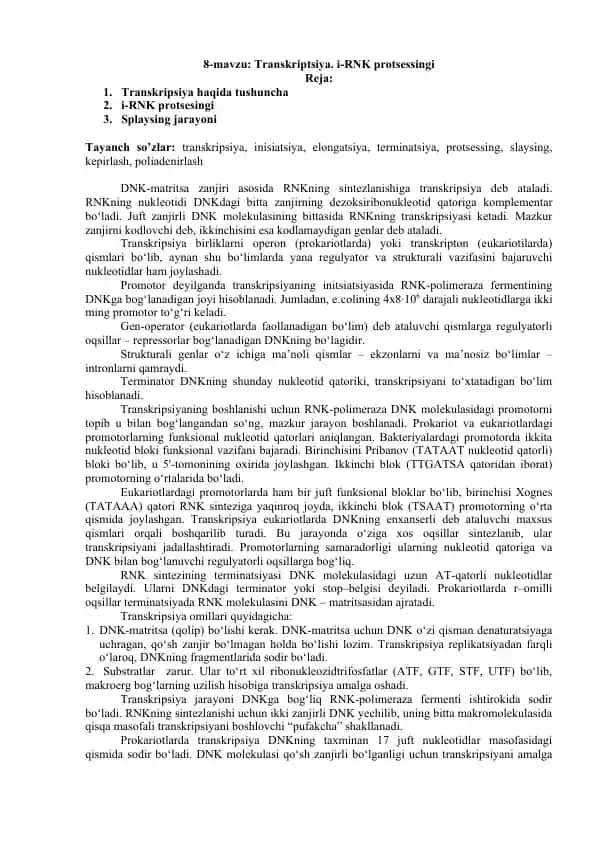 Transkriptsiya va i-RNK protsessingi