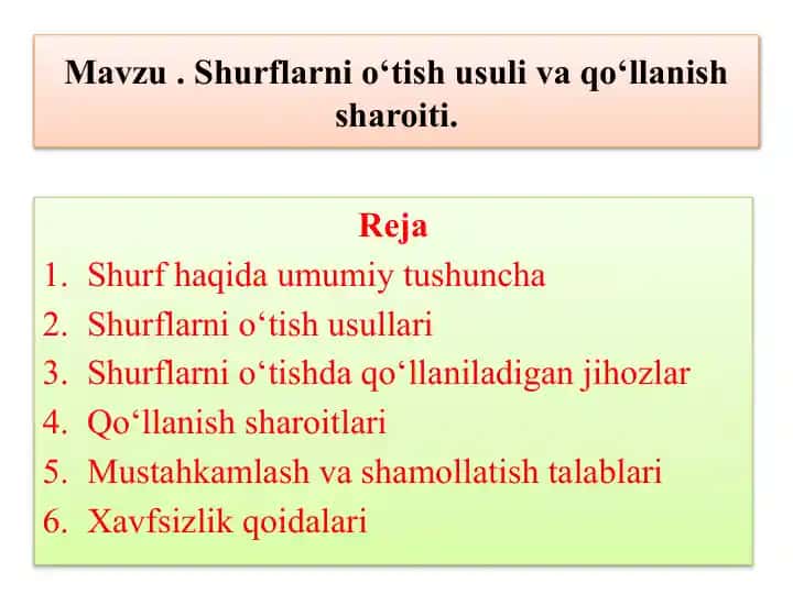 Shurflarni o‘tish usuli va qo‘llanish sharoiti