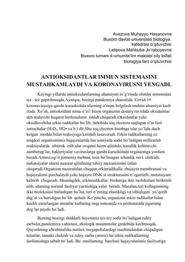 Antioksidantlar va ularning COVID-19 bilan kurashishdagi ahamiyati