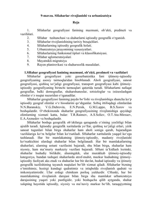 SHaharlar rivojlanishi va urbanizatsiya