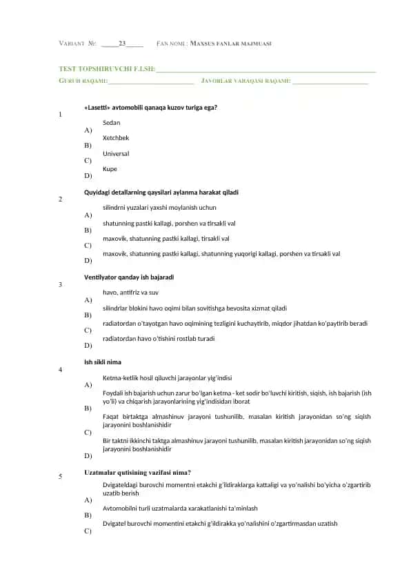 Test topshiriq varaqasi №23