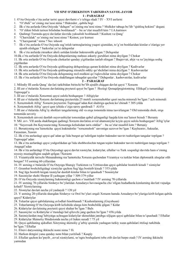 VII sinf O'zbekiston tarixi savol-javoblar