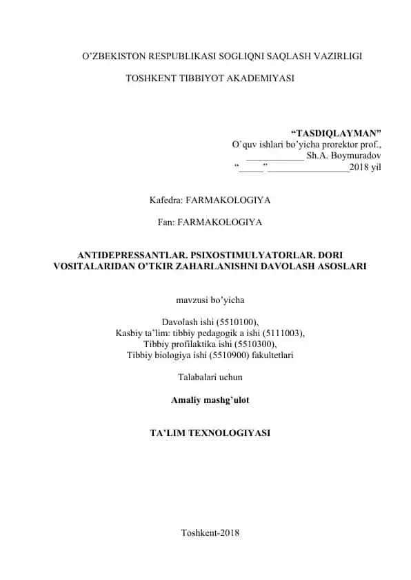 ANTIDEPRESSANTLAR. PSIXOSTIMULYATORLAR. DORI VOSITALARIDAN O’TKIR ZAHARLANISHNI DAVOLASH ASOSLARI