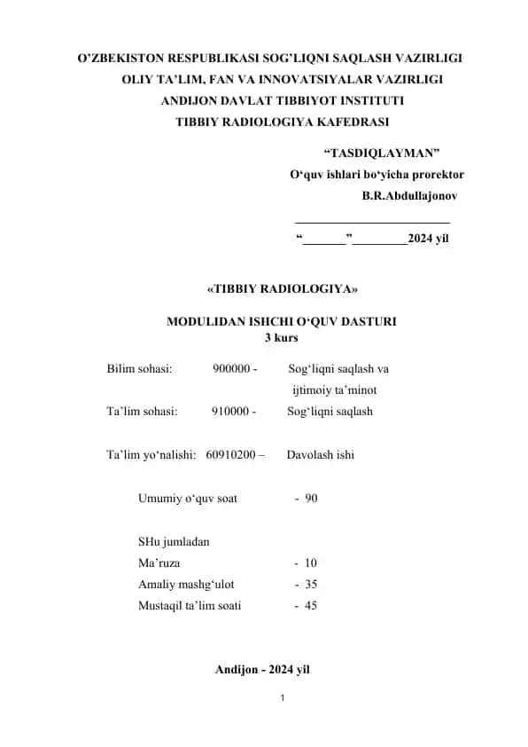 Modulidan ishchi o‘quv dasturi