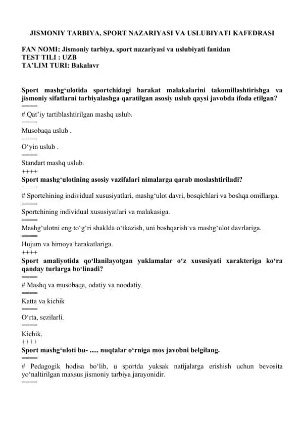 Jismoniy tarbiya, sport nazariyasi va uslubiyati kafedrasi