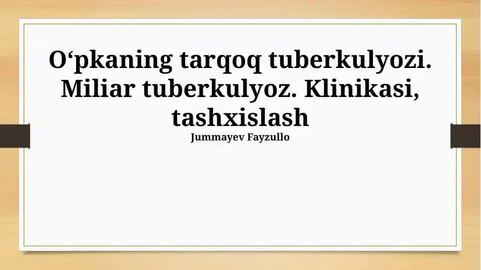 O‘pkaning tarqoq tuberkulyozi. Miliar tuberkulyoz. Klinikasi, tashxislash