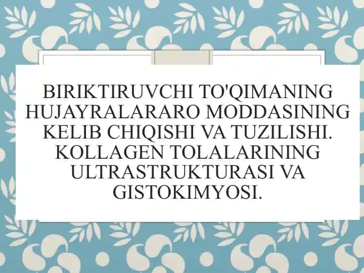 Biriktiruvchi to'qimaning hujayralararo moddasining kelib chiqishi va tuzilishi. Kollagen tolalarining ultrastrukturasi va gistokimyosi.