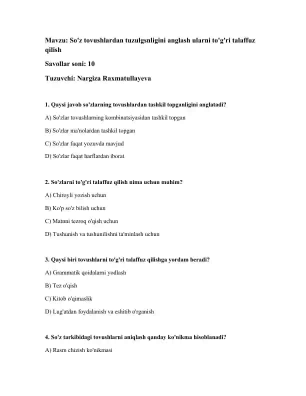 So'z tovushlardan tuzulganligini anglash