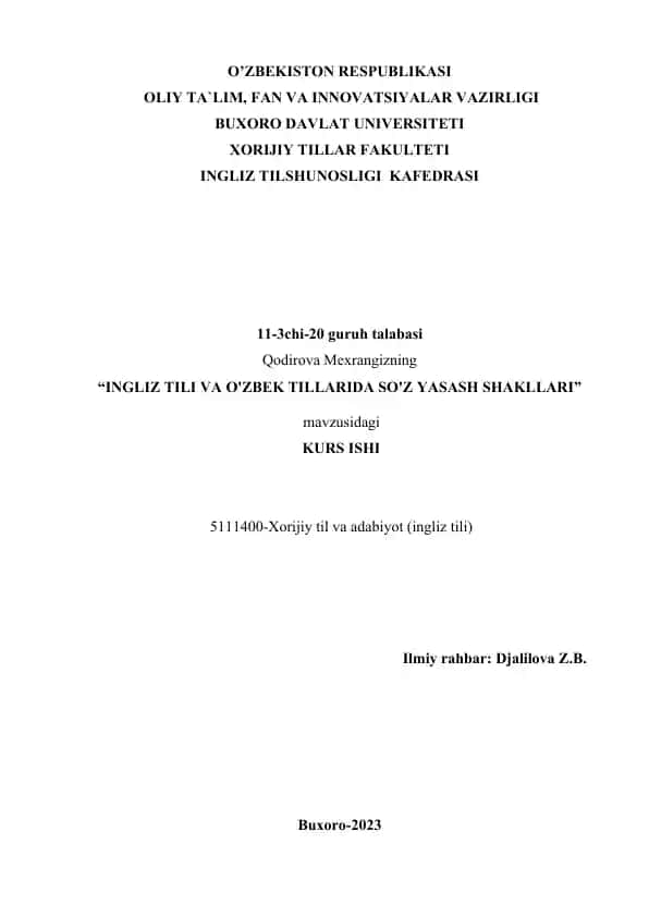 INGLIZ TILI VA O'ZBEK TILLARIDA SO'Z YASASH SHAKLLARI