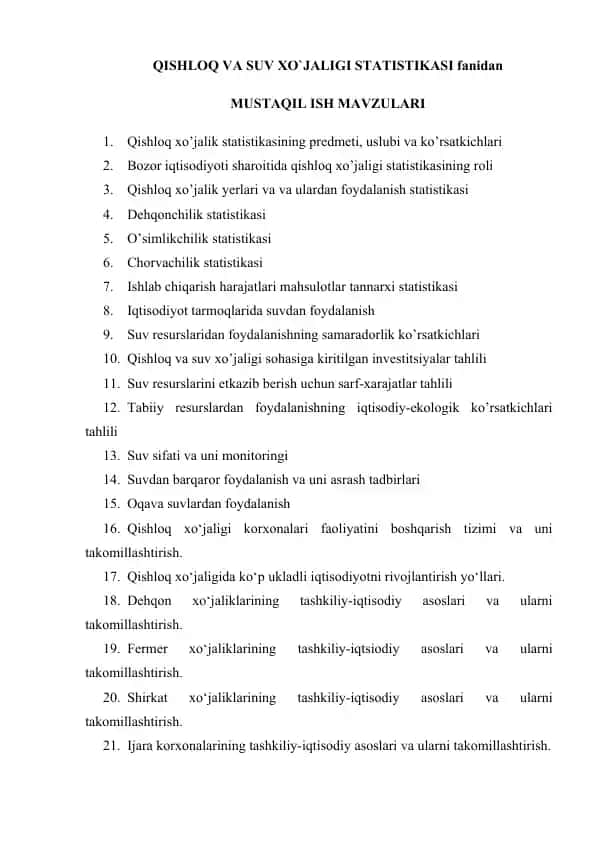 Qishloq va suv xo'jaligi statistikasi