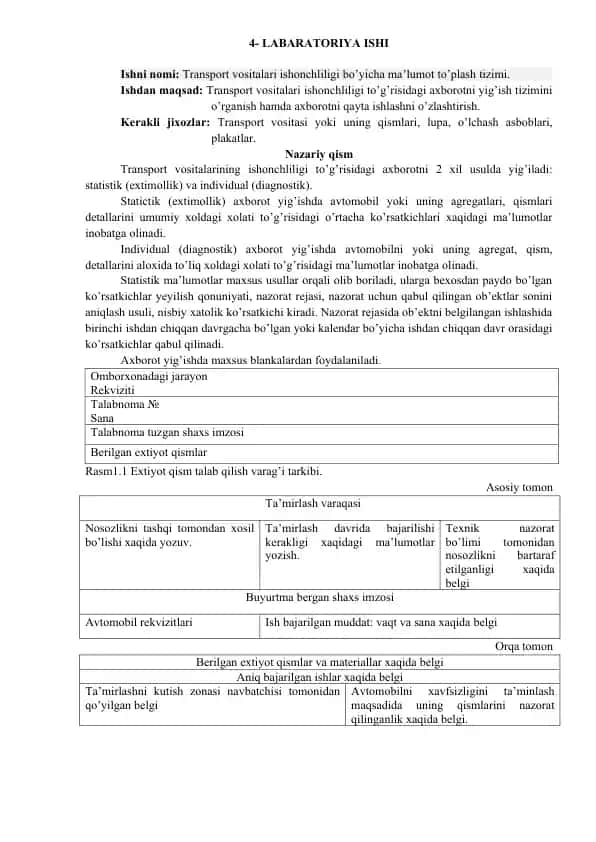 Transport vositalari ishonchliligi bo’yicha ma’lumot to’plash tizimi