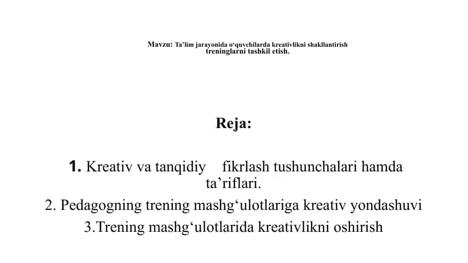 Kreativlikni shakllantirishning treninglari