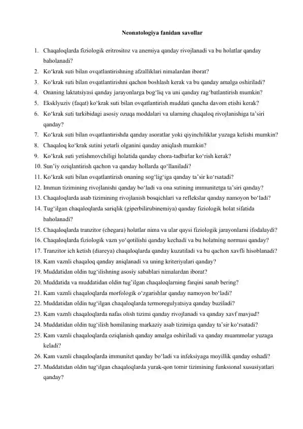 Neonatologiya fanidan savollar
