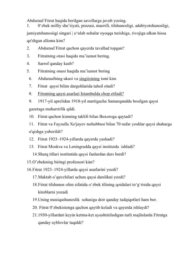 Abdurauf Fitrat haqida berilgan savollarga javob