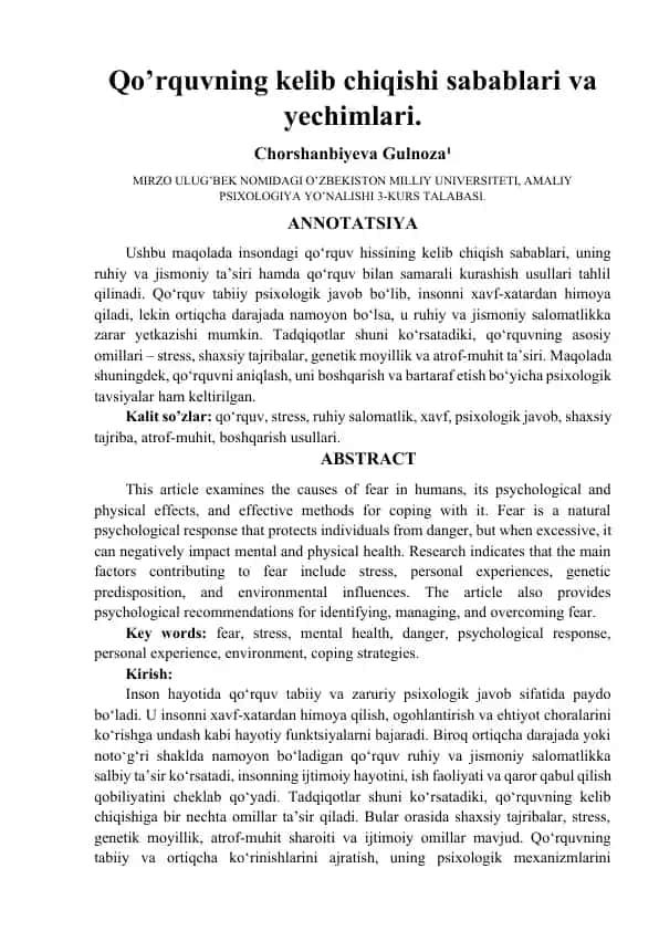 Qo’rquvning kelib chiqishi sabablari va yechimlari